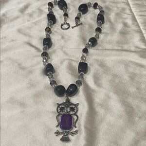 Silver Owl Pendant Necklace with Purple Gemstone Accent